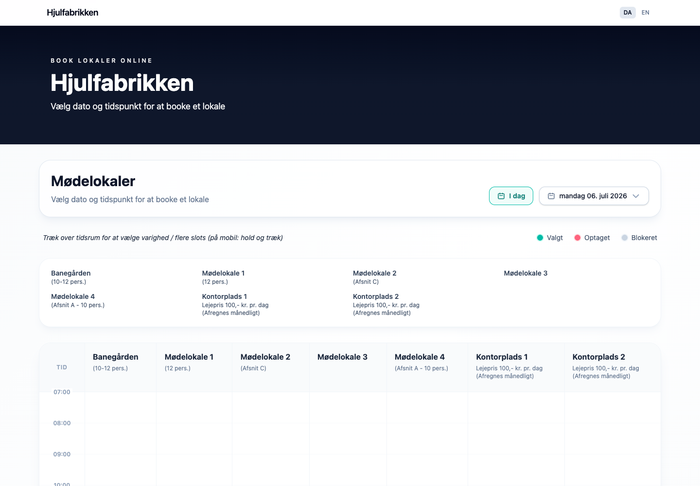 Eksempel på lokalebooking: alle lokaler vises side om side med dagens tider